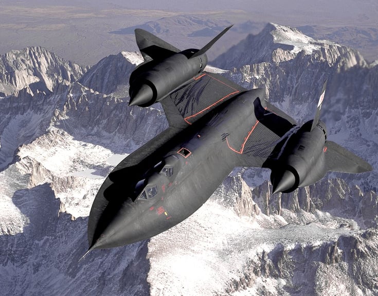 Lockheed SR-71 Blackbird in flight, note the streaks from fuel leaking out of the wings. (Source: NASA)